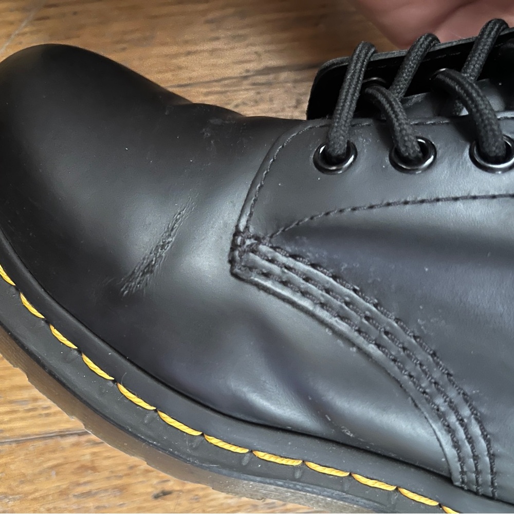 Original 100% Leather Dr. Martens Black Sleek Lace-Up Boots, Yellow Stitching - Picture 6 of 9